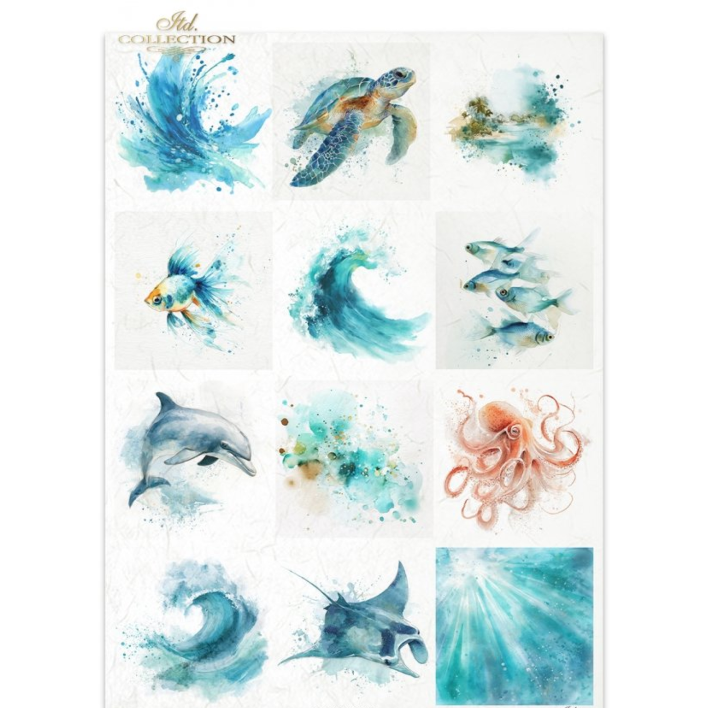 Rice paper design featuring various watercolor sea life illustrations, including a sea turtle, goldfish, waves, dolphins, an octopus, and a manta ray, in shades of blue, teal, and coral on a white background.