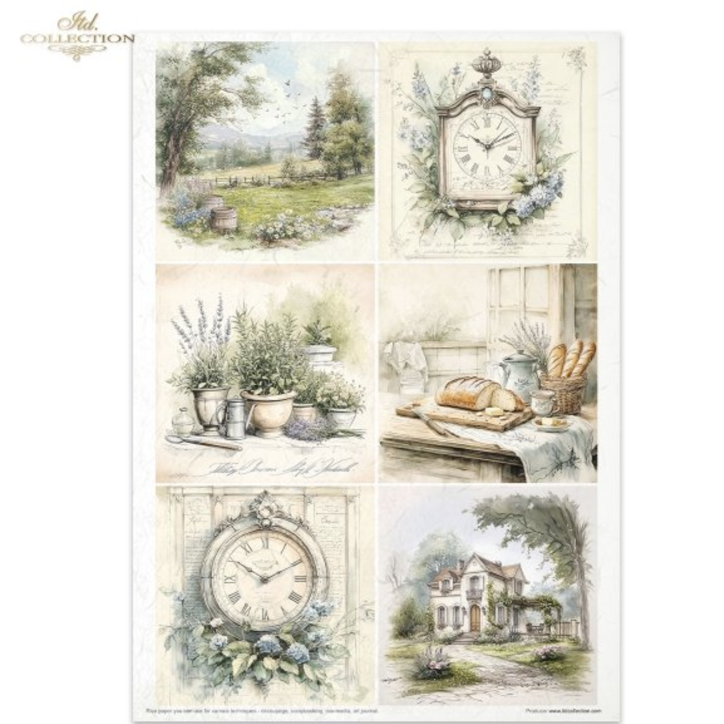 A sheet of decorative paper featuring a vintage 6-panel collage of watercolor illustrations, including landscapes, clocks, flowers, plants, bread, and a country house.