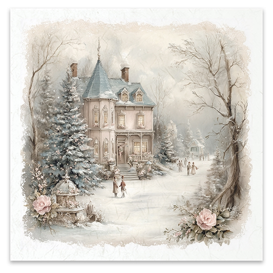 Vintage style Illustration of a victorian house on a snowy road with people walking, framed by trees, and pale roses.