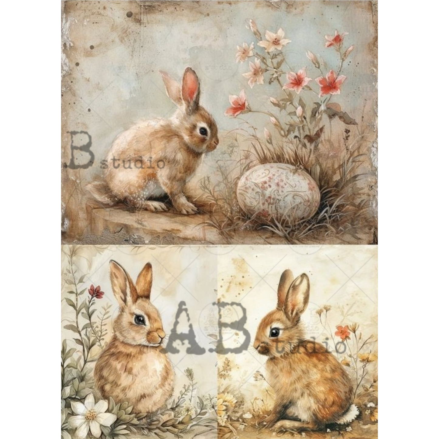 "Rabbits With Flowers 2 Pack" decoupage rice paper by AB Studio. Available at Milton's Daughter.