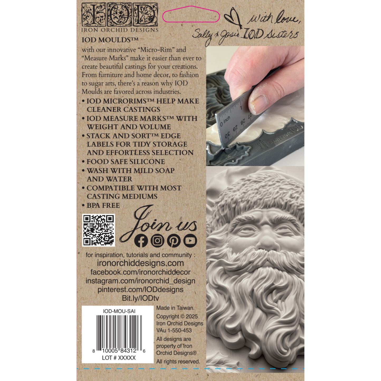 "Saint Nick" IOD Mould by Iron Orchid Designs. Available at Milton's Daughter. 5" x 7" deep mould. Silicone mold shaped like a Santa Claus face.Product packaging with text and product image.