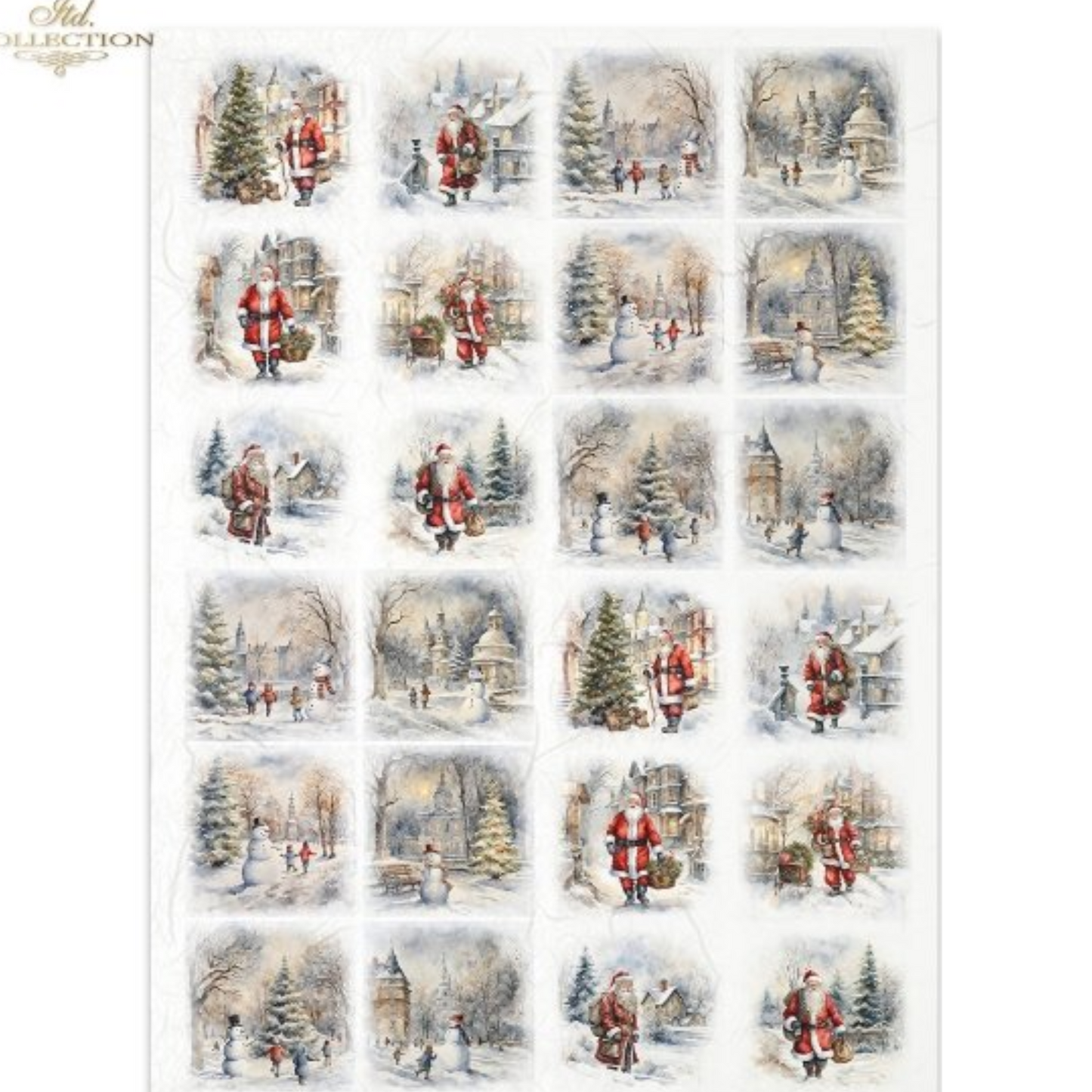 "Santa & Snowmen Minis" decoupage rice paper by ITD Collection. Available at Milton's Daughter. Sheet of Christmas-themed thumbnails with Santa Claus and winter scenes.