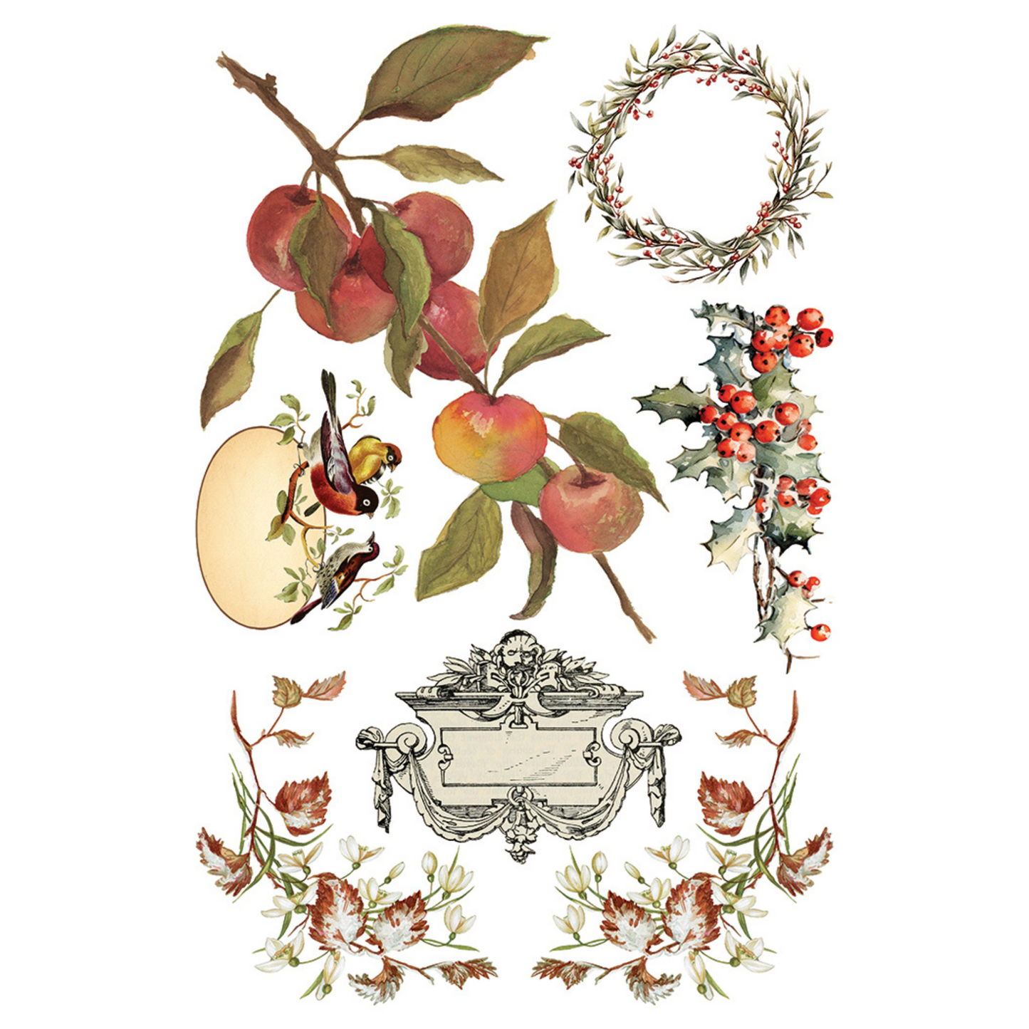 "Santa's Hollow" IOD Transfer by Iron Orchid Designs. Pg 1 of 8. Available at Milton's Daughter. Decorative elements including apples, leaves, a wreath, and a decorative emblem.