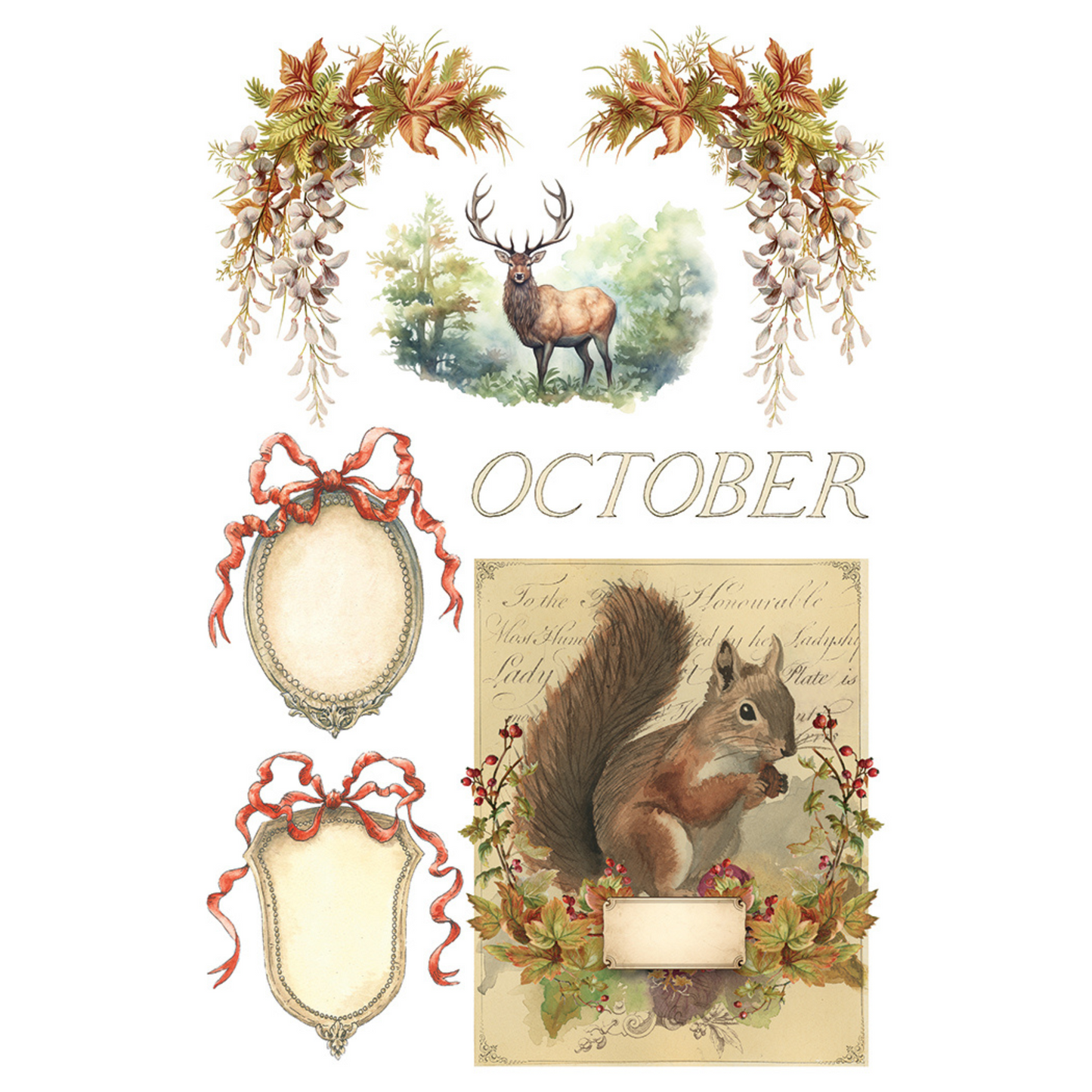 "Santa's Hollow" IOD Transfer by Iron Orchid Designs. Pg 2 of 8. Available at Milton's Daughter. Decorative images include a stag, wreaths, and a squirrel.