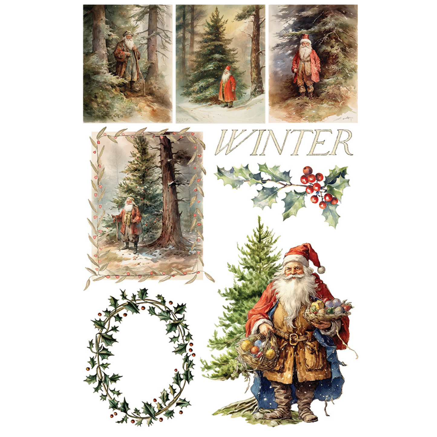 "Santa's Hollow" IOD Transfer by Iron Orchid Designs. Pg 3 of 8. Available at Milton's Daughter. Elements include vintage-style winter scenes with Santa Claus and holly decorations.