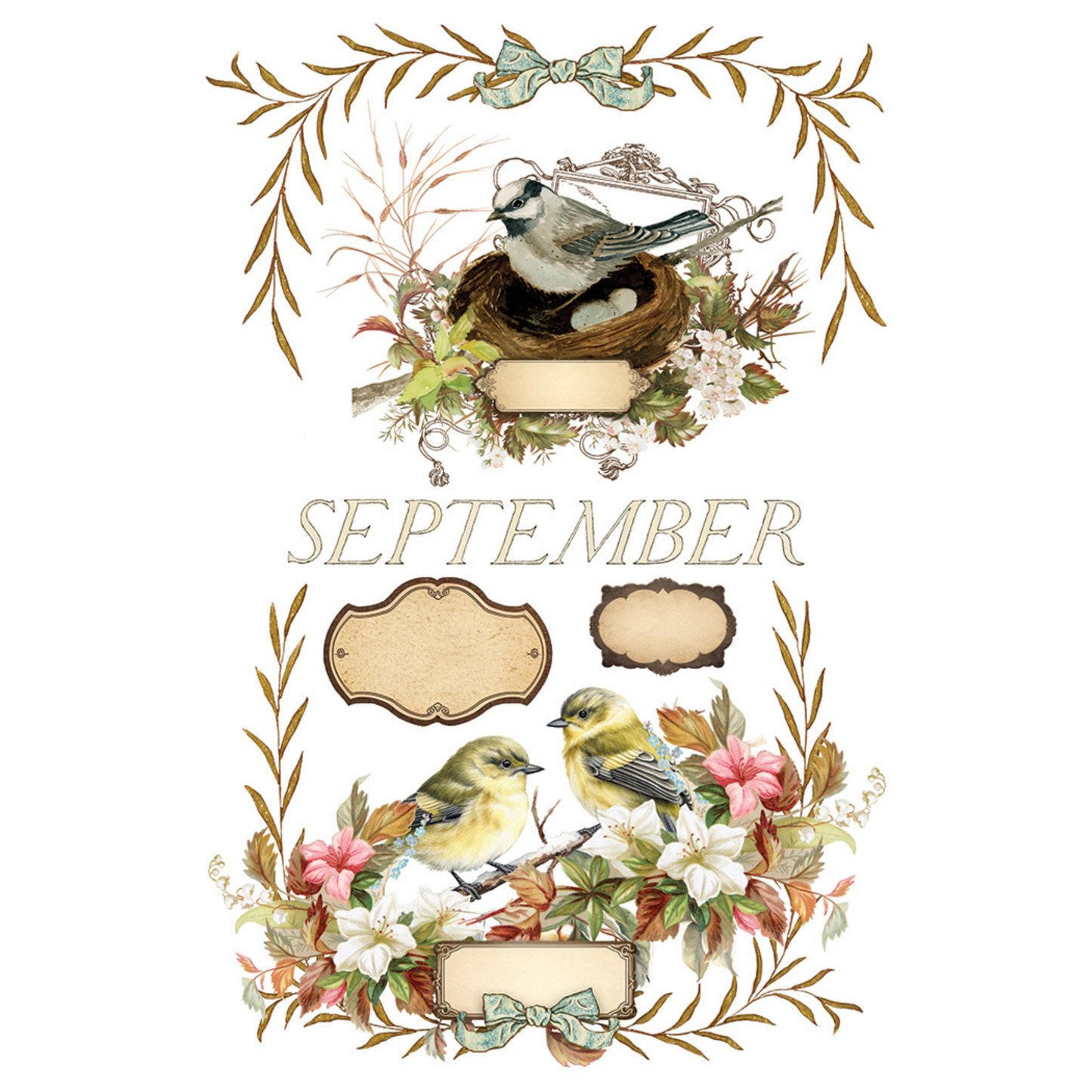 "Santa's Hollow" IOD Transfer by Iron Orchid Designs. Pg 6 of 8. Available at Milton's Daughter. Decorative design with birds, flowers, and leaves with "September" text.