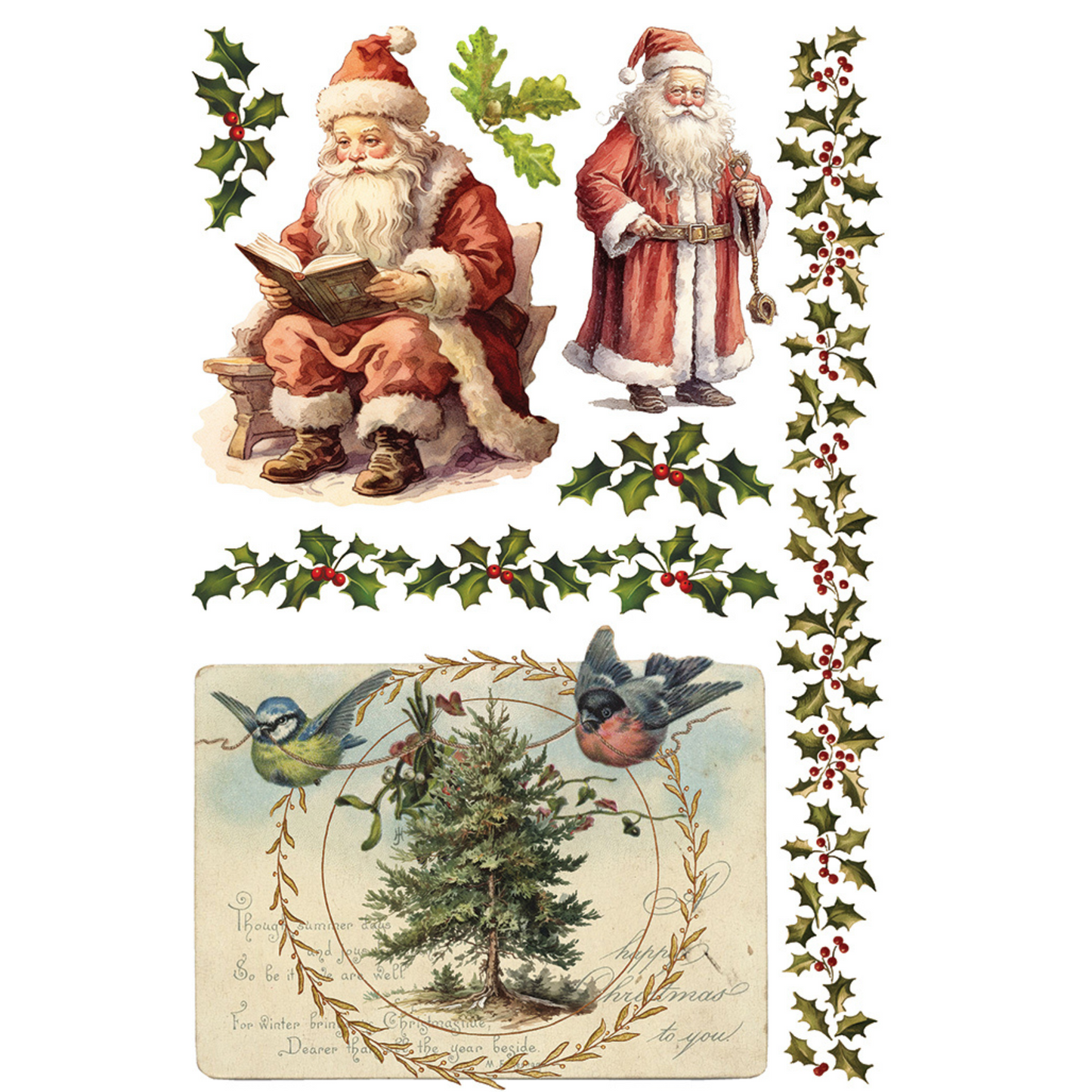 "Santa's Hollow" IOD Transfer by Iron Orchid Designs. Pg 7 of 8. Available at Milton's Daughter. Set of Christmas-themed illustrations including Santa Claus, holly leaves, and a Christmas card with birds and a tree.