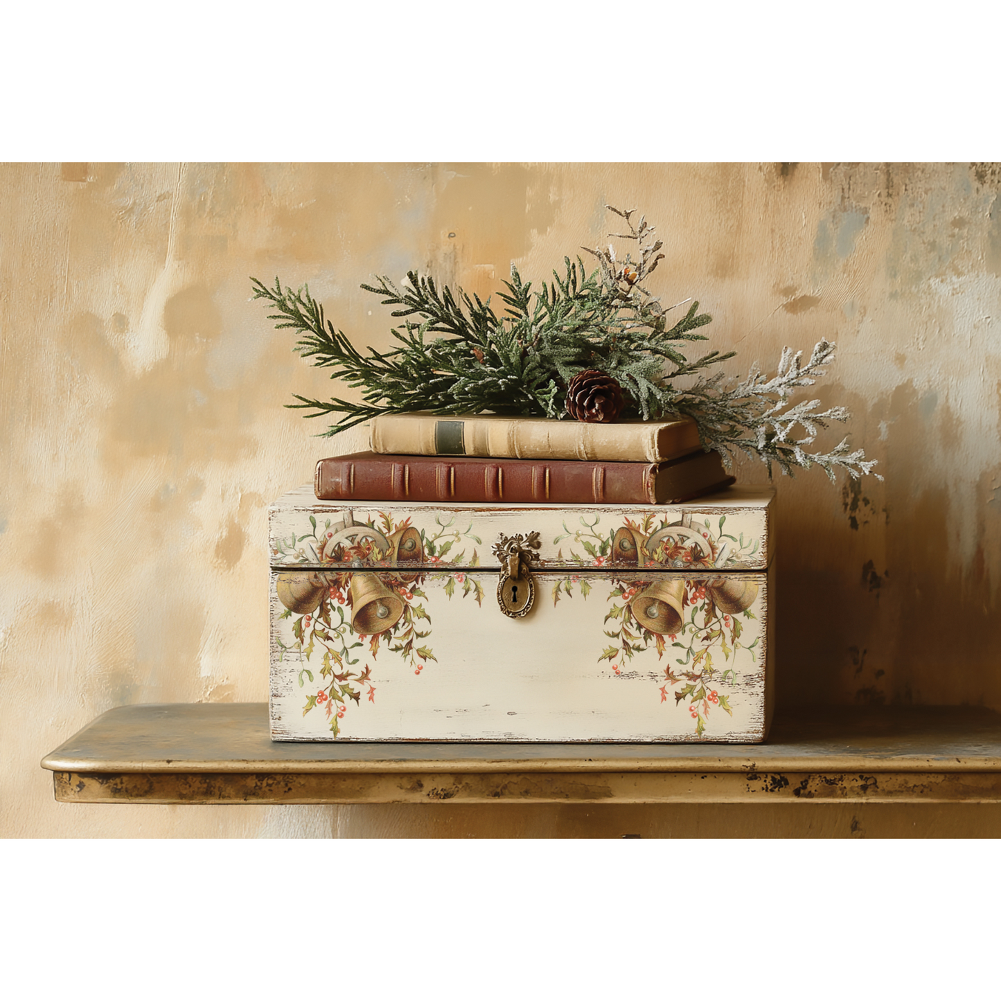 "Santa's Hollow" IOD Transfer by Iron Orchid Designs. Example Pic 1. Transfer available at Milton's Daughter. Decorative box with floral patterns and greenery on a wooden surface against a beige wall.