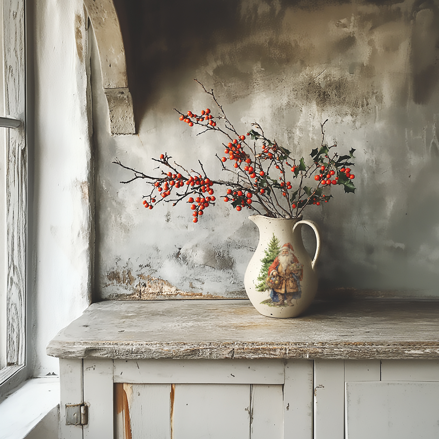 "Santa's Hollow" IOD Transfer by Iron Orchid Designs. Example Pic 2. Transfer available at Milton's Daughter. Vintage pitcher with a Christmas design on a rustic wooden surface against a textured wall.