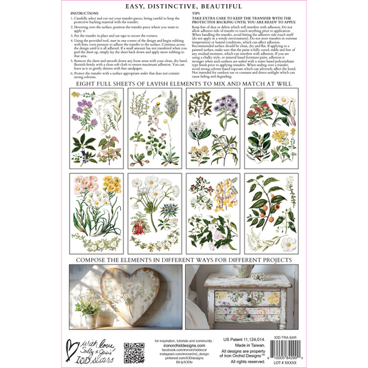 "Sarah Featon's Botanicals" IOD Transfer by Iron Orchid Designs. Eight 8" x 12" sheets. Available at Milton's Daughter.  Back Cover.