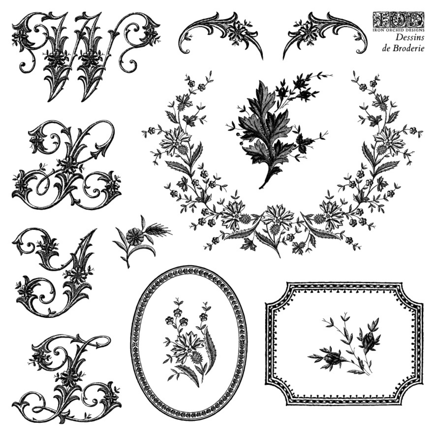 Decorative monogram style lettering from w to z with frames and floral elements.
