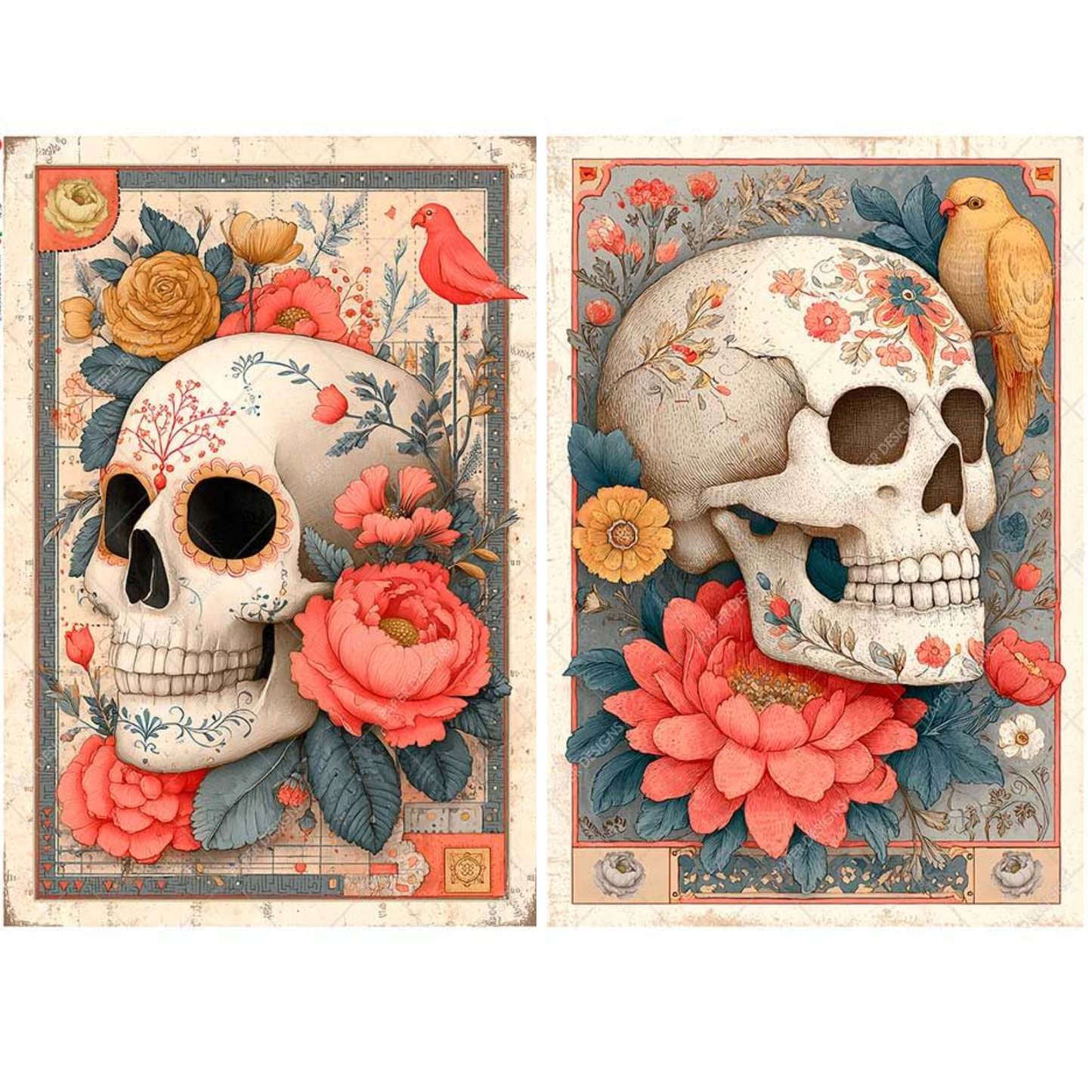 Two decorative images featuring stylized skulls with floral designs on a white background.
