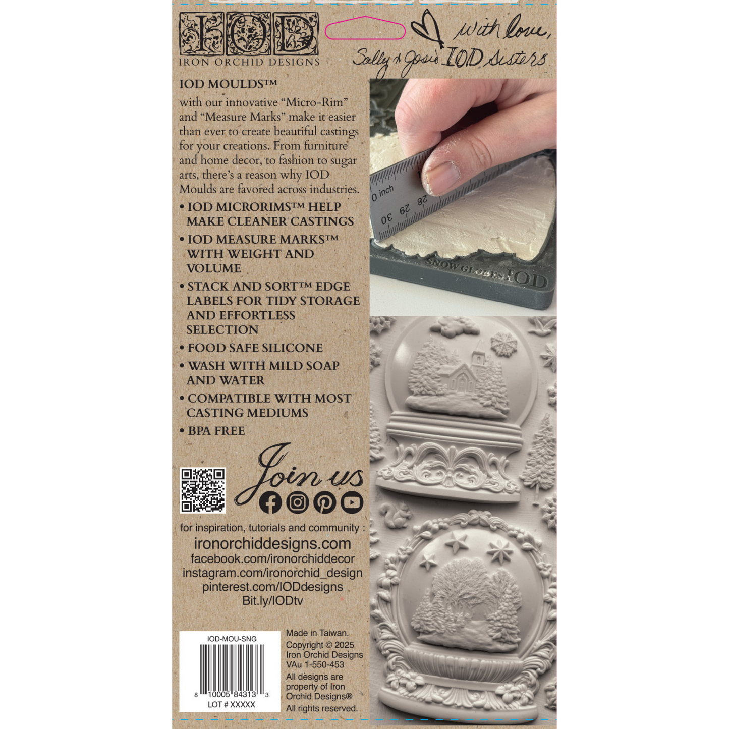"Snow Globes" IOD Mould by Iron Orchid Designs. Available at Milton's Daughter. Packaging with text and product image.