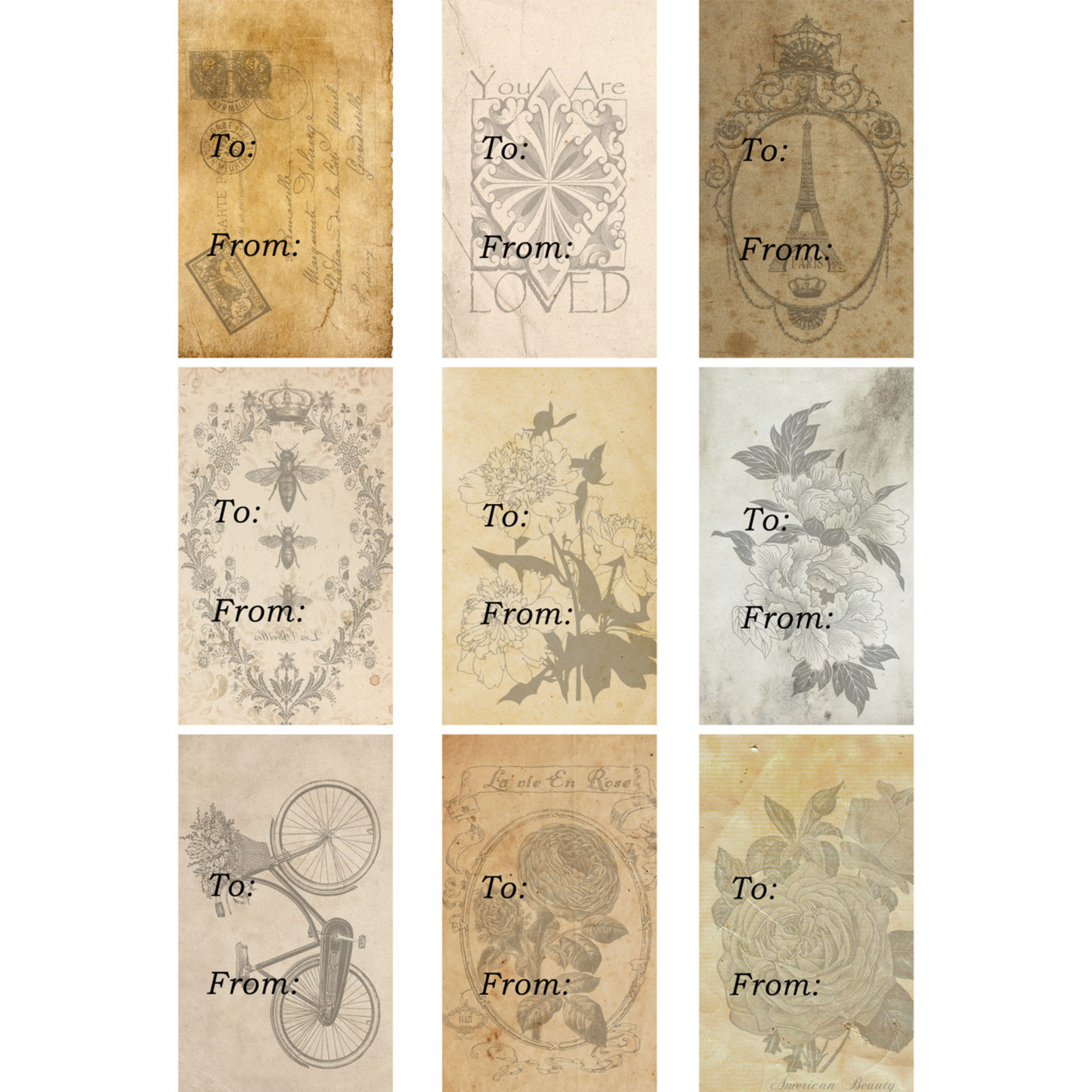 "Tags" decoupage rice paper by Decoupage Queen. Available at Milton's Daughter.