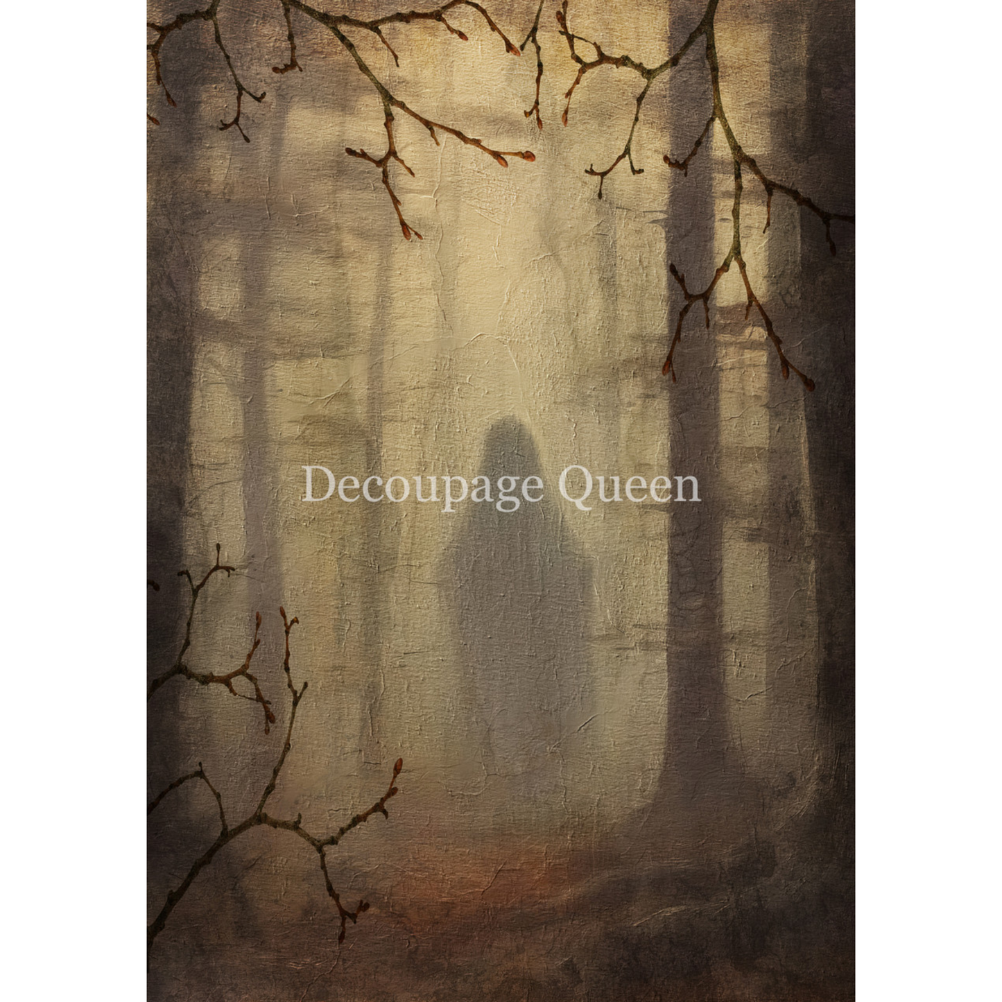 "The Specter" decoupage rice paper by Decoupage Queen. Available at Milton's Daughter. Silhouette of a ghost in a forest.