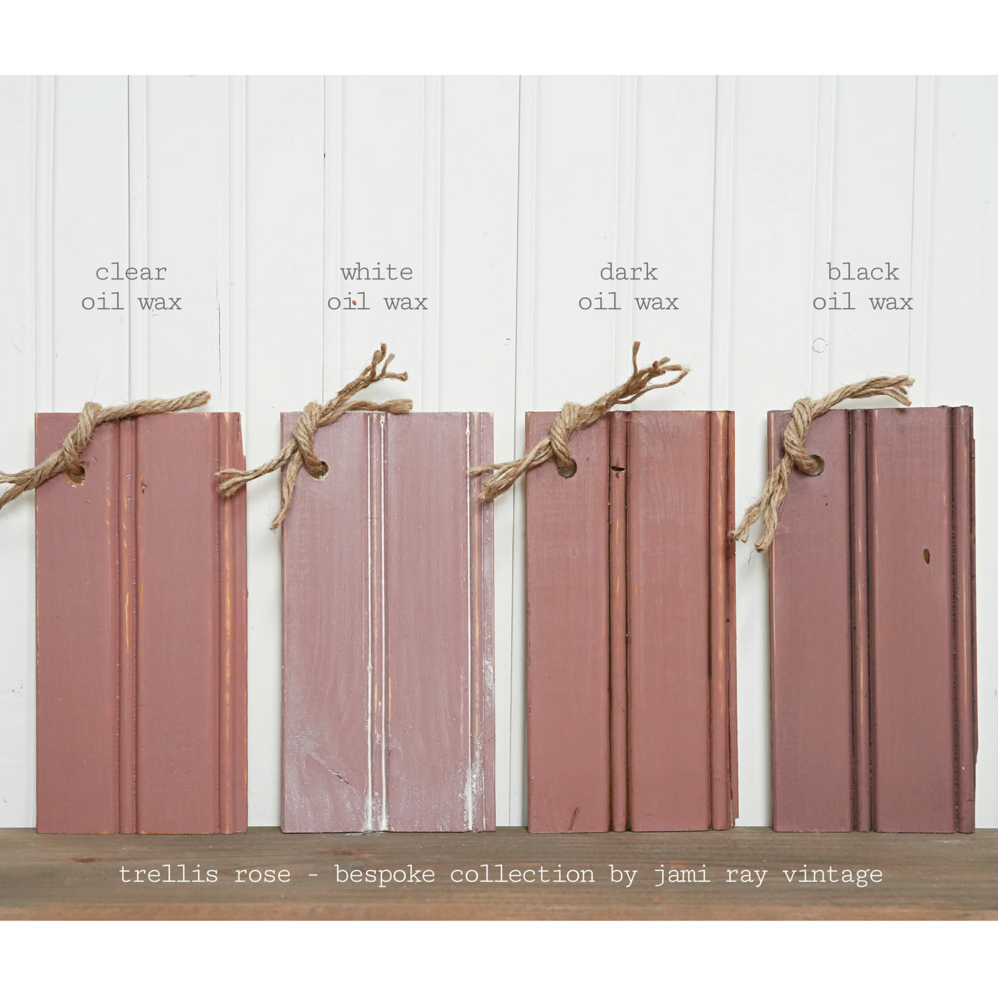 "Trellis Rose" from the Bespoke Collection-Sweet Pickins Milk Paint. Curated by Jami Ray Vintage. Shown with examples of oil wax finishes. Available at Milton's Daughter.
