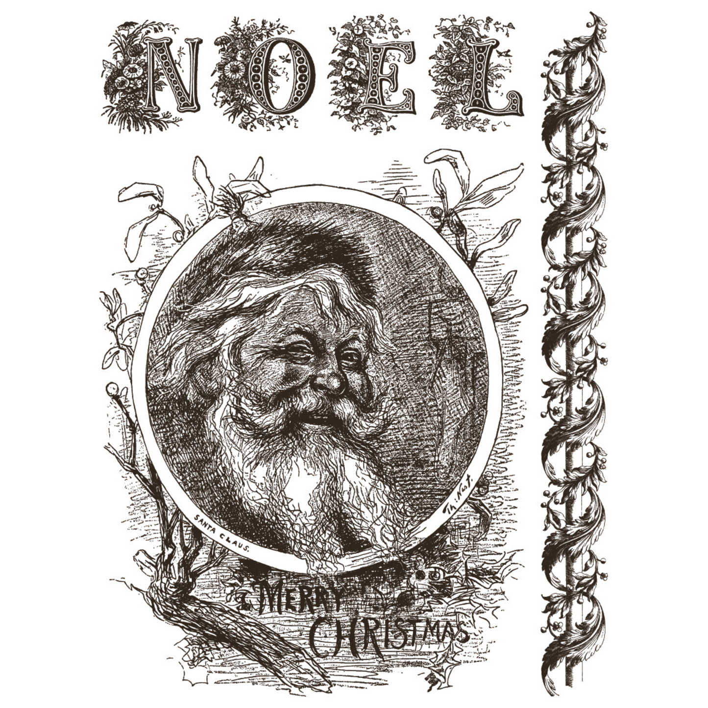 "Twelfth Night" IOD Paint Inlay by Iron Orchid Designs. Pg 2 of 8. Available at Milton's Daughter. Vintage-style illustration of a vintage Santa with 'NOEL' and 'Merry Christmas' text.