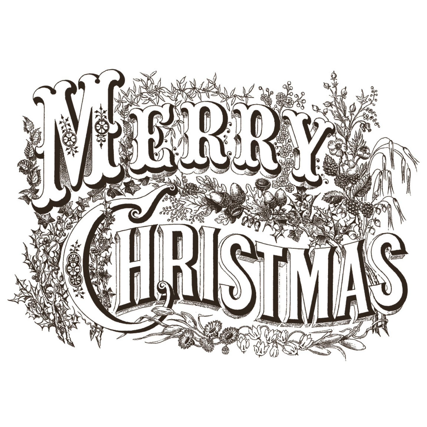 "Twelfth Night" IOD Paint Inlay by Iron Orchid Designs. Pg 1 of 8. Available at Milton's Daughter. Decorative 'Merry Christmas' typography in black text with floral elements.