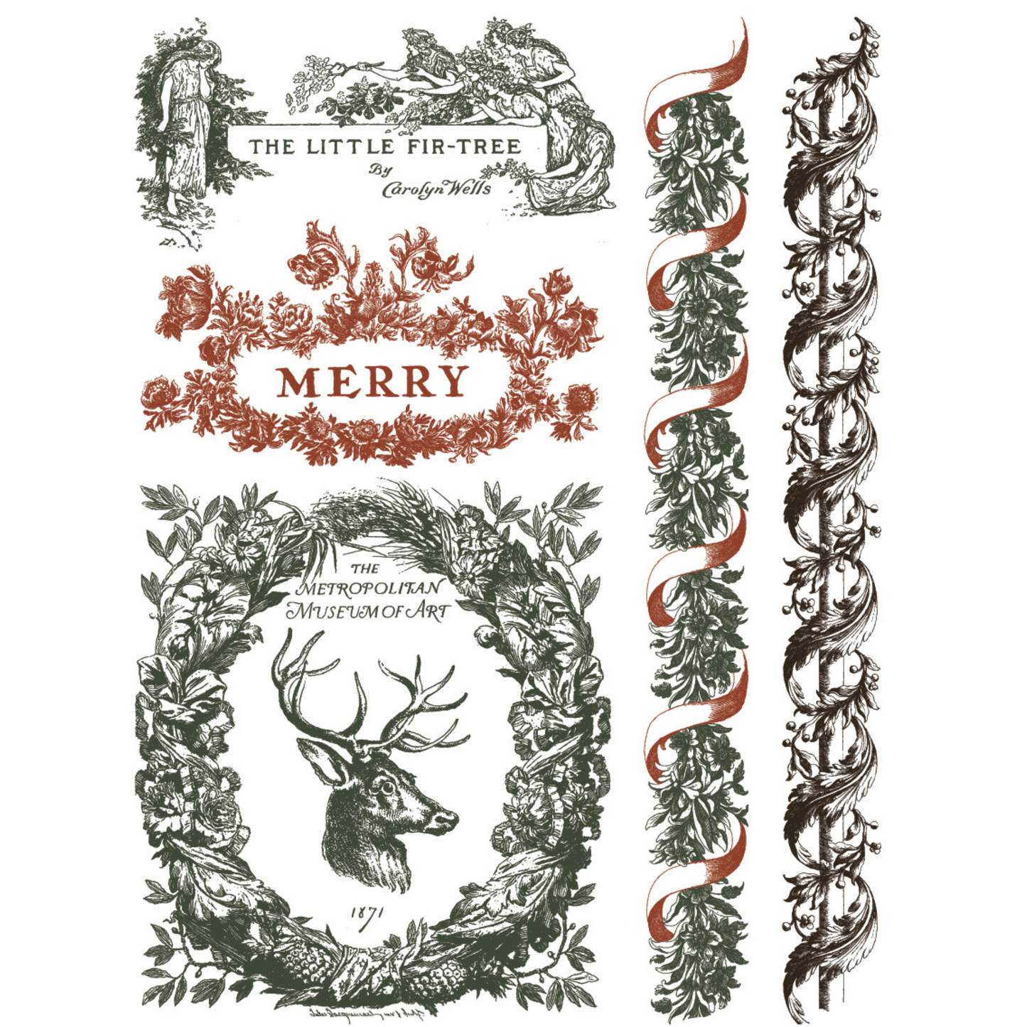 "Twelfth Night" IOD Paint Inlay by Iron Orchid Designs. Pg 3 of 8. Available at Milton's Daughter. Decorative design with text and illustrations of a deer, wreath, and ribbons in red, black and soft black.