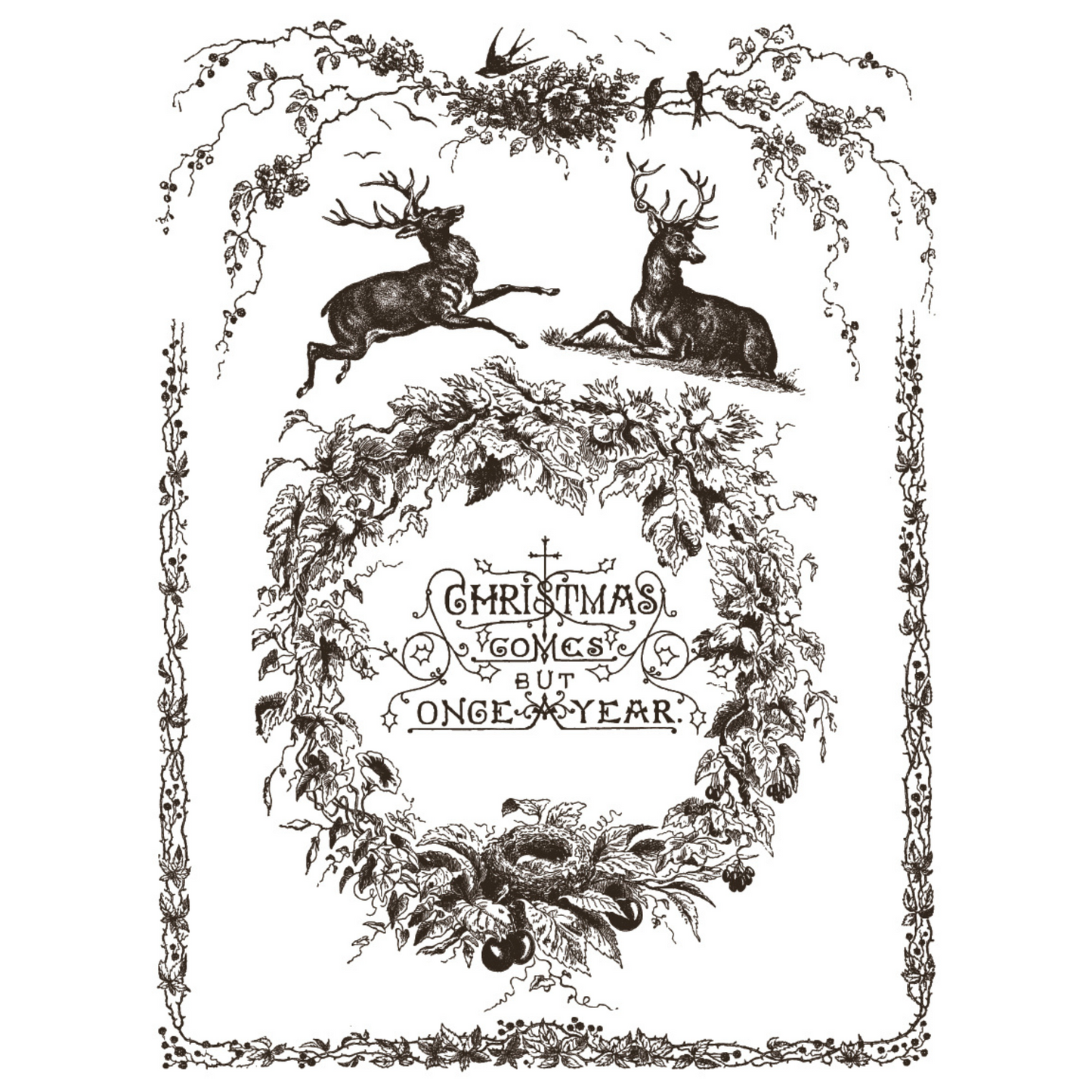 "Twelfth Night" IOD Paint Inlay by Iron Orchid Designs. Pg 4 of 8. Available at Milton's Daughter. Vintage-style Christmas design with deer and floral wreath in black.