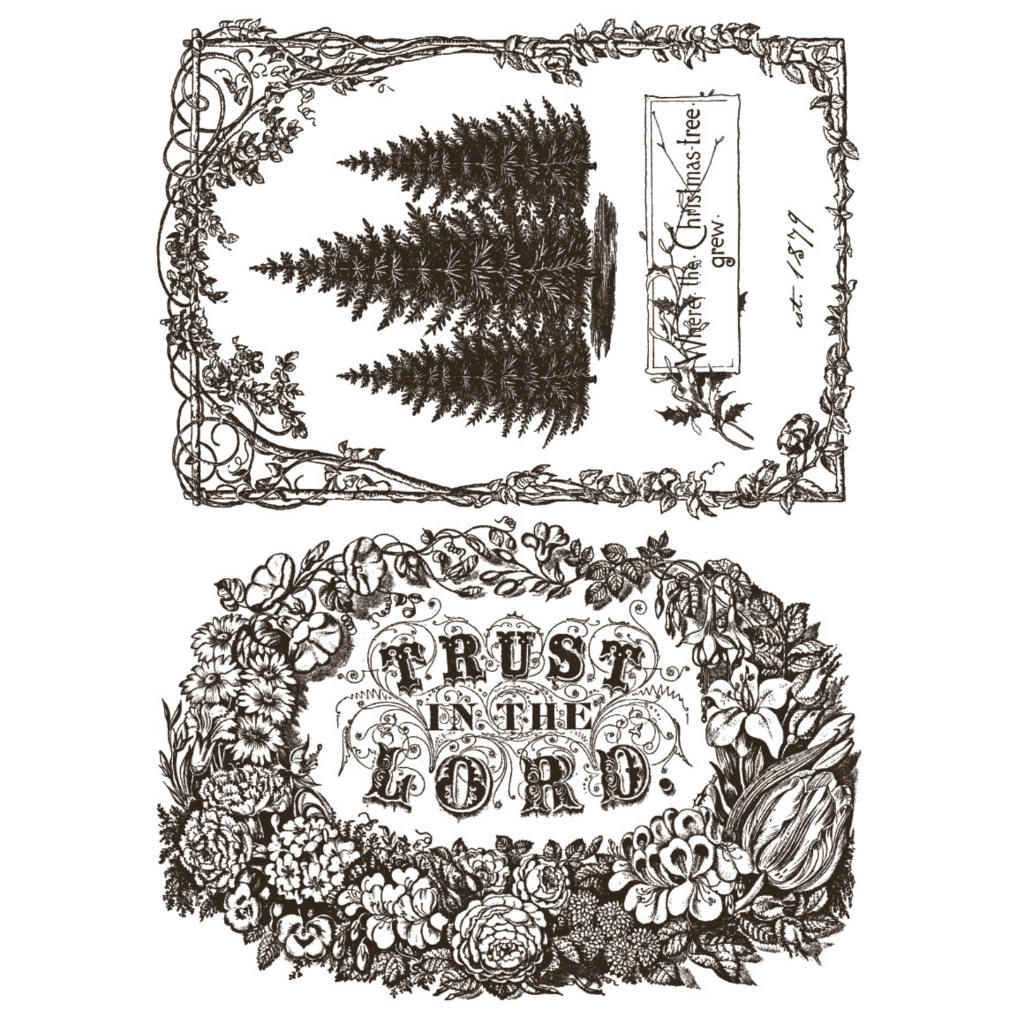 "Twelfth Night" IOD Paint Inlay by Iron Orchid Designs. Pg 5 of 8. Available at Milton's Daughter. Decorative design in black with ferns and floral elements, featuring the text 'Trust in the Lord'.