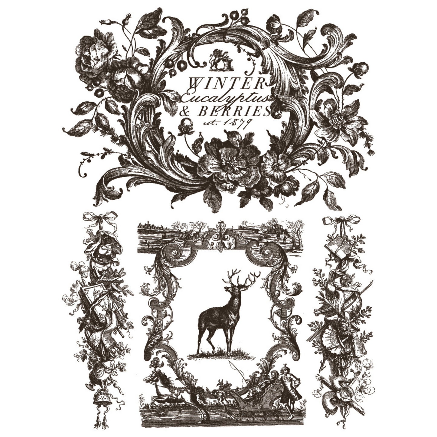 "Twelfth Night" IOD Paint Inlay by Iron Orchid Designs. Pg 7 of 8. Available at Milton's Daughter. Decorative design in black with floral elements and a deer, featuring text 'Winter Eucalyptus & Berries'.