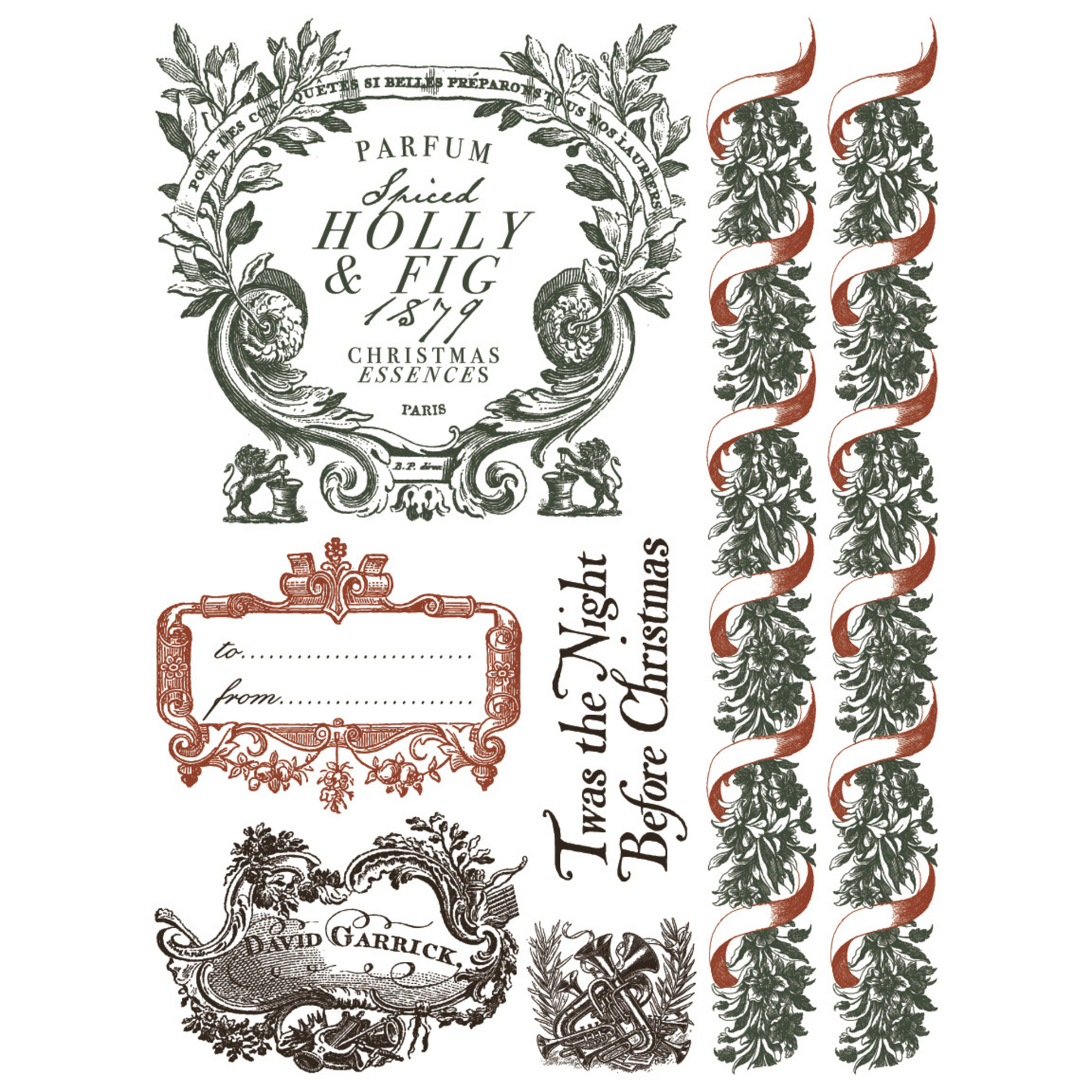 "Twelfth Night" IOD Paint Inlay by Iron Orchid Designs. Pg 8 of 8. Available at Milton's Daughter.Decorative Christmas-themed design with text and illustrations in red, black and soft black.