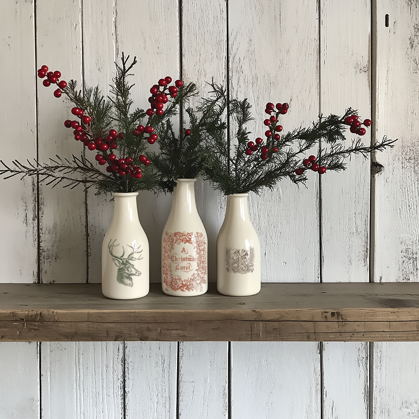 "Twelfth Night" IOD Paint Inlay by Iron Orchid Designs. Example pic 2. Transfer available at Milton's Daughter.Three decorative bottles with floral arrangements on a wooden shelf against a rustic wooden wall.