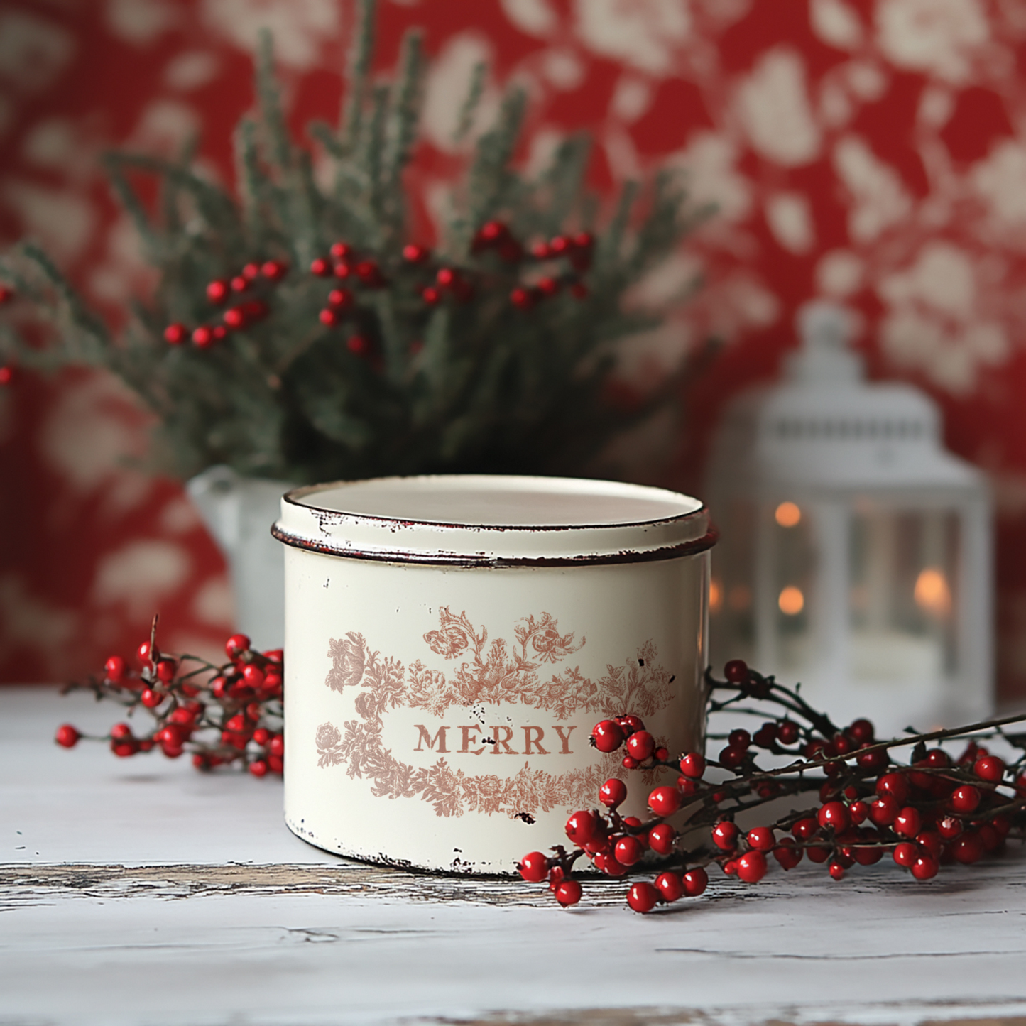 "Twelfth Night" IOD Paint Inlay by Iron Orchid Designs. Example pic 3. Transfer available at Milton's Daughter. Decorative ceramic container with 'Merry' text, surrounded by red berries and greenery on a wooden surface.
