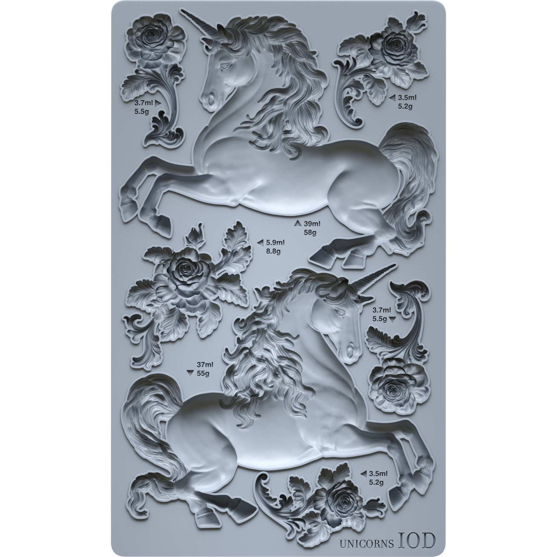 "Unicorns" IOD Mold by Iron Orchid Designs. 6" x 10" silicone mold. Available at Milton's Daughter. Product photo.