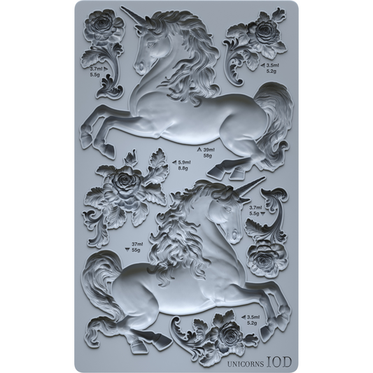 "Unicorns" IOD Mold by Iron Orchid Designs. 6" x 10" silicone mold. Available at Milton's Daughter. Product photo.