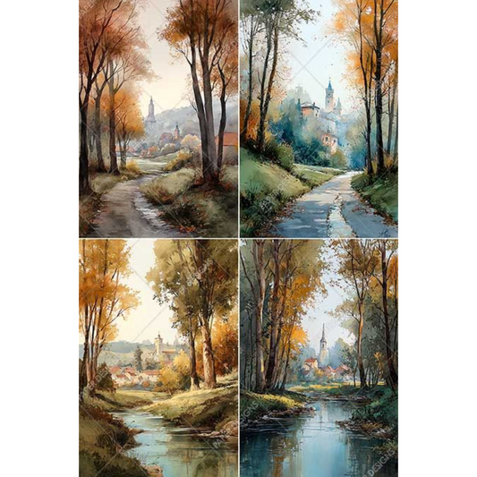 Four images of a scenic landscape with trees, a path, and a village.