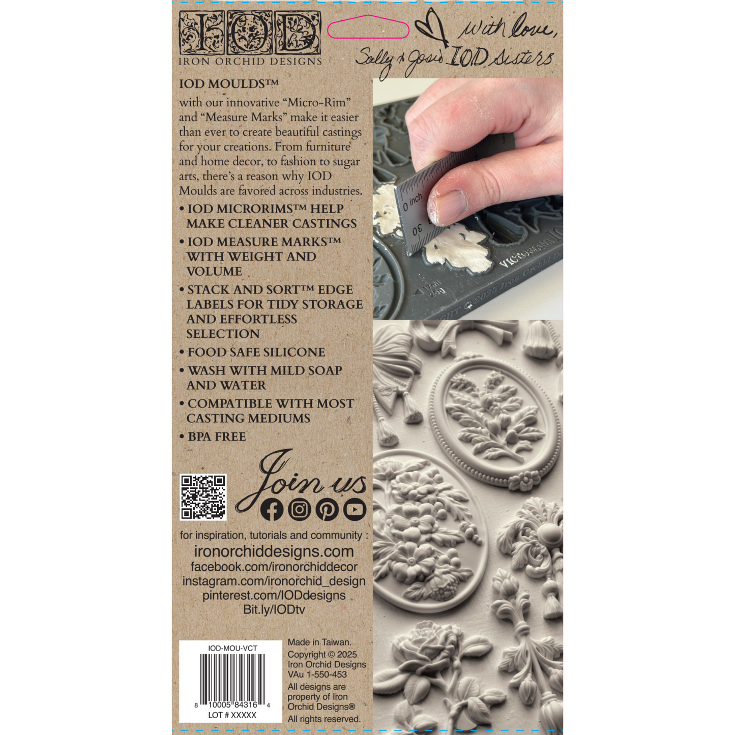"Victoriana" IOD Silicone Mould by Iron Orchid Designs. Available at Milton's Daughter. Packaging image with text and images of the mold and its uses.