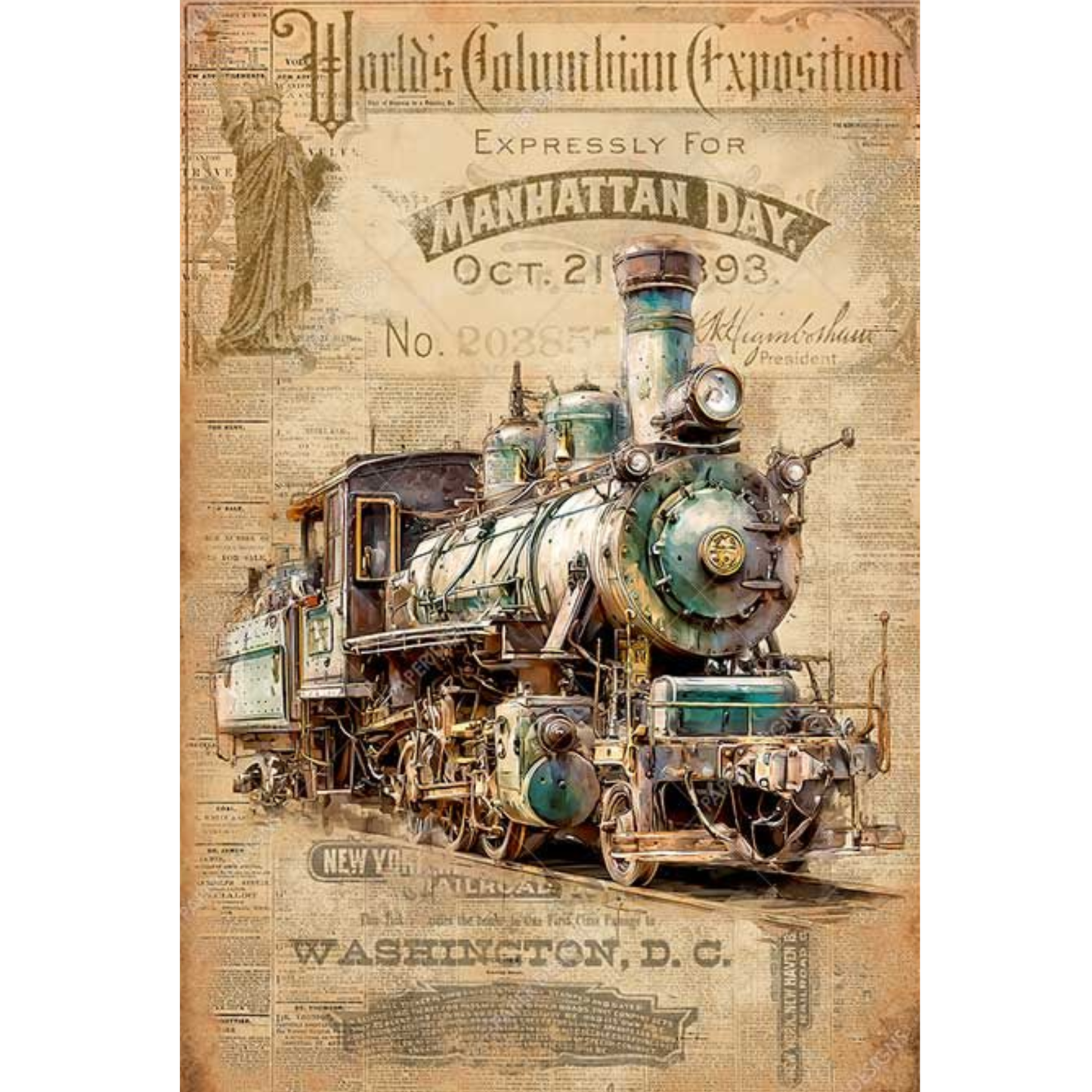 Vintage-style poster with a steam locomotive and historical text on a beige background.