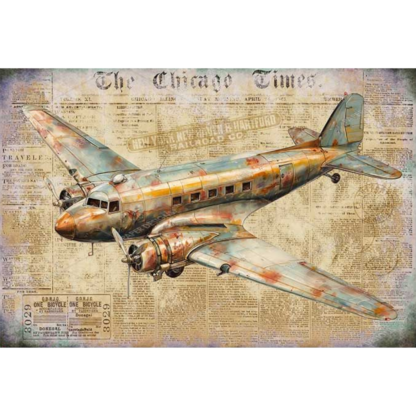 Vintage airplane on a newspaper background with 'The Chicago Times' headline.