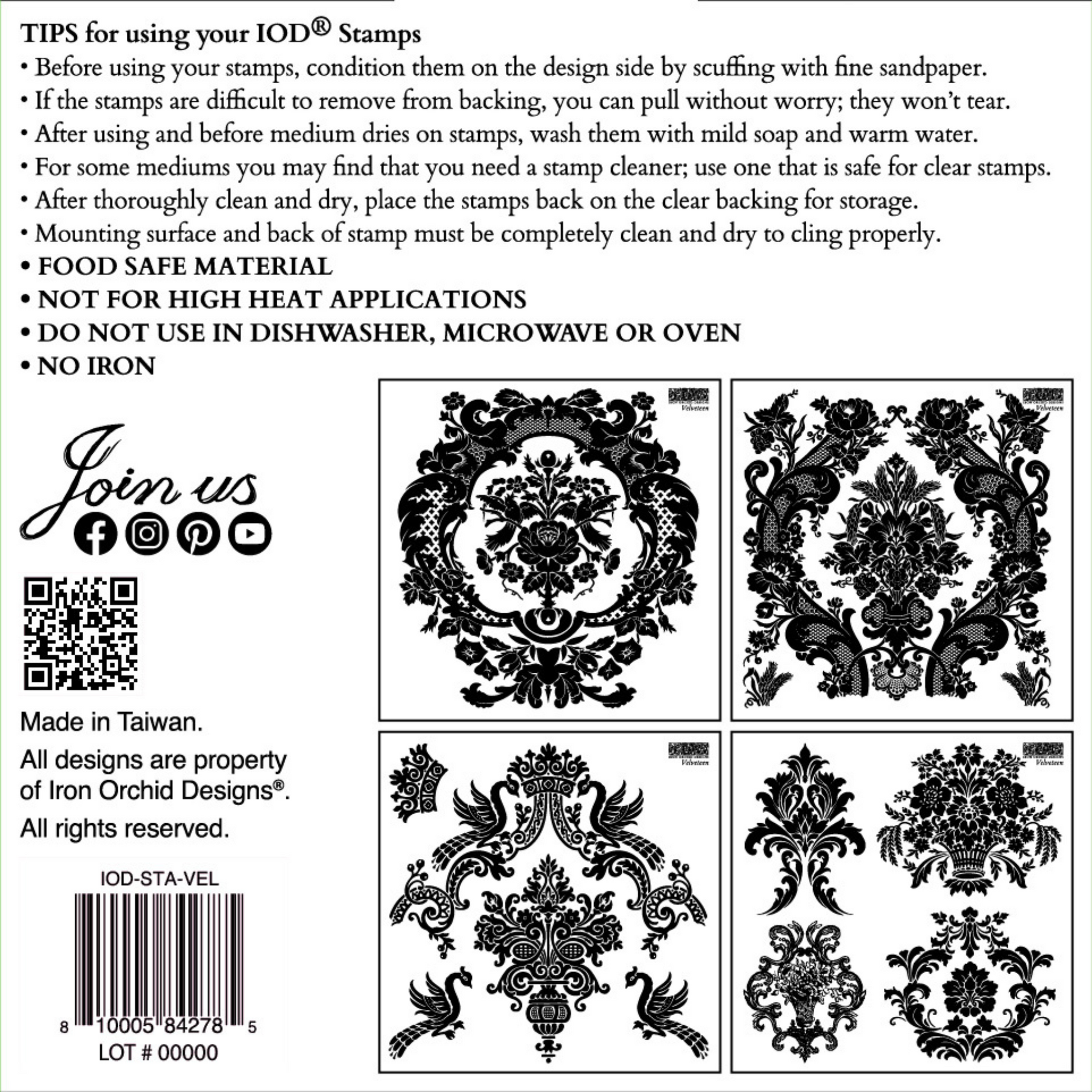 "Insignia" IOD MIni Stamps  Boxed Set. Four 6" x 6" sheets. Available at Milton's Daughter. Box back.