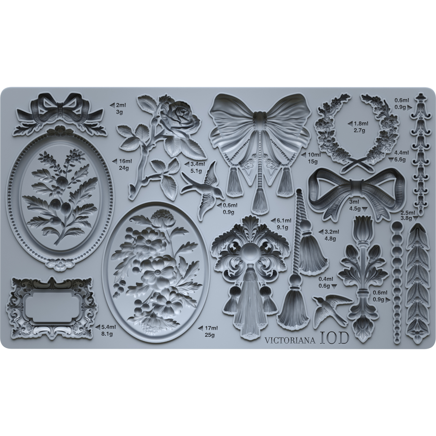 "Victoriana" IOD Silicone Mould by Iron Orchid Designs. Available at Milton's Daughter. Decorative mold with florals, tassels and cameos.