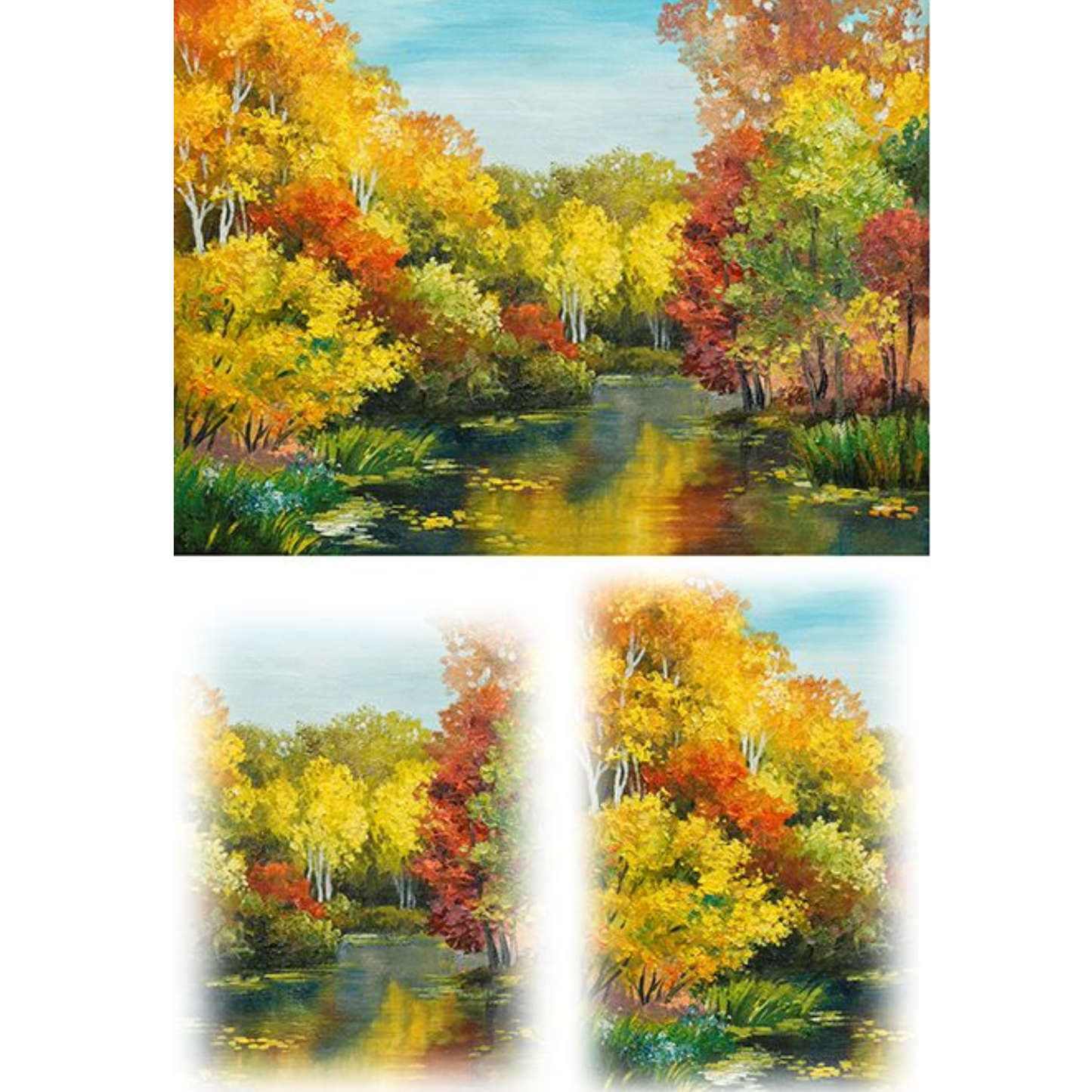 Three views of an autumn landscape with a river, yellow and red trees, and a blue sky.