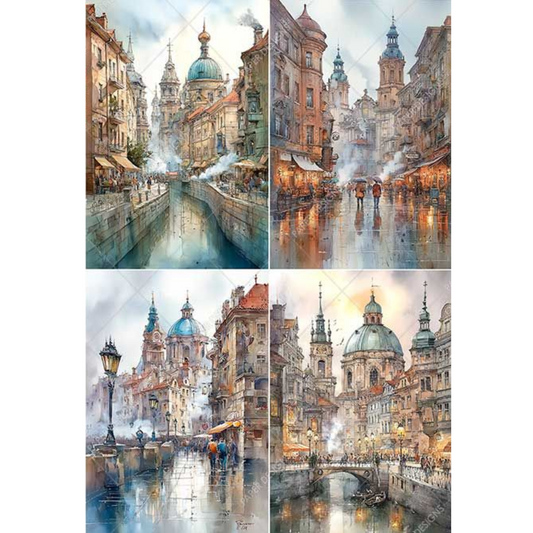 Collage of four scenic images of Venice with historic architecture and a river.