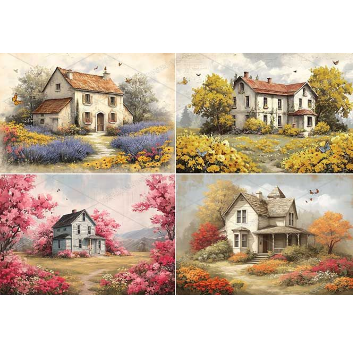 A collage of four house scenes in soft, impressionistic style. The top-left panel shows a small cream house with a brown roof surrounded by lavender and yellow flowers.