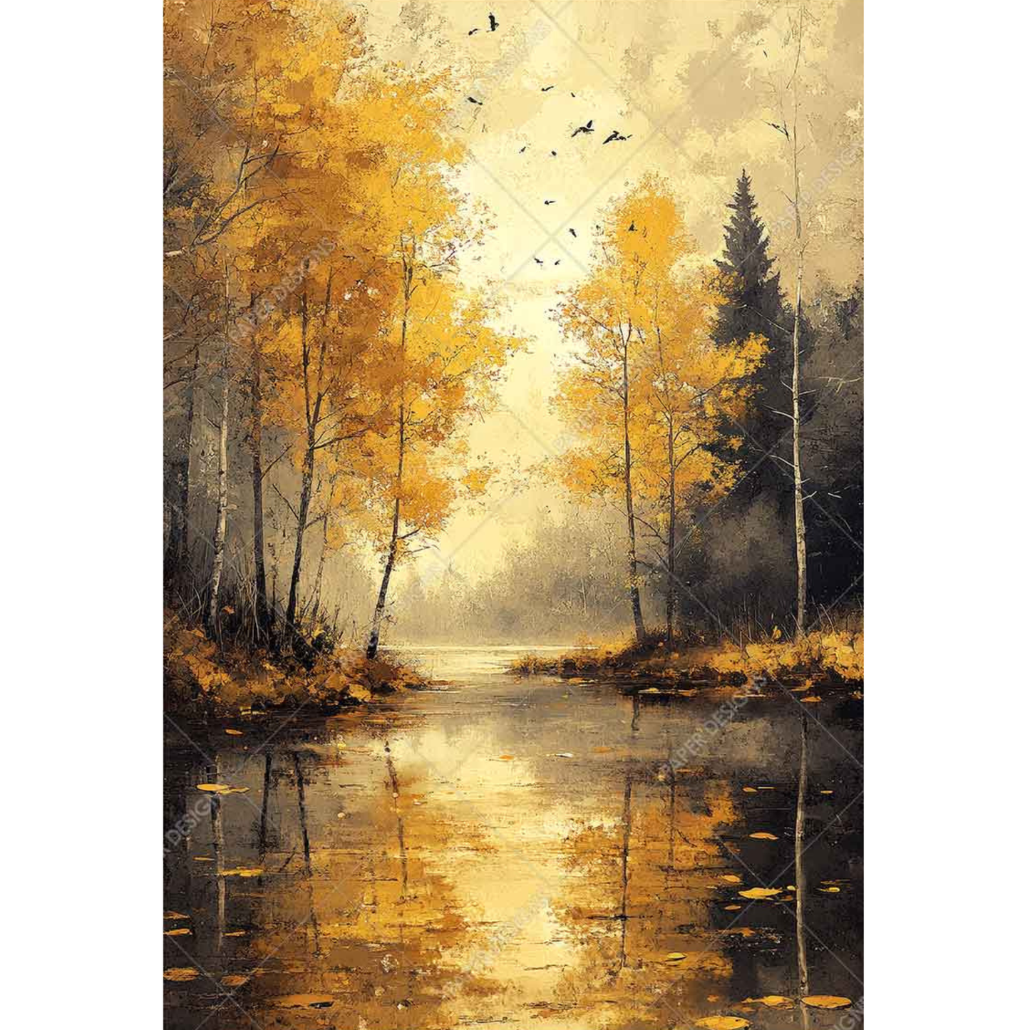 Painting of a serene autumn landscape with trees, a lake, and birds.