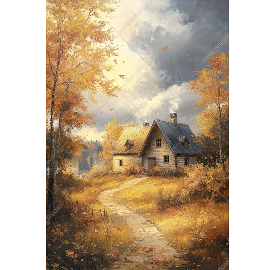 Painting of a rustic cabin in the woods with autumn foliage