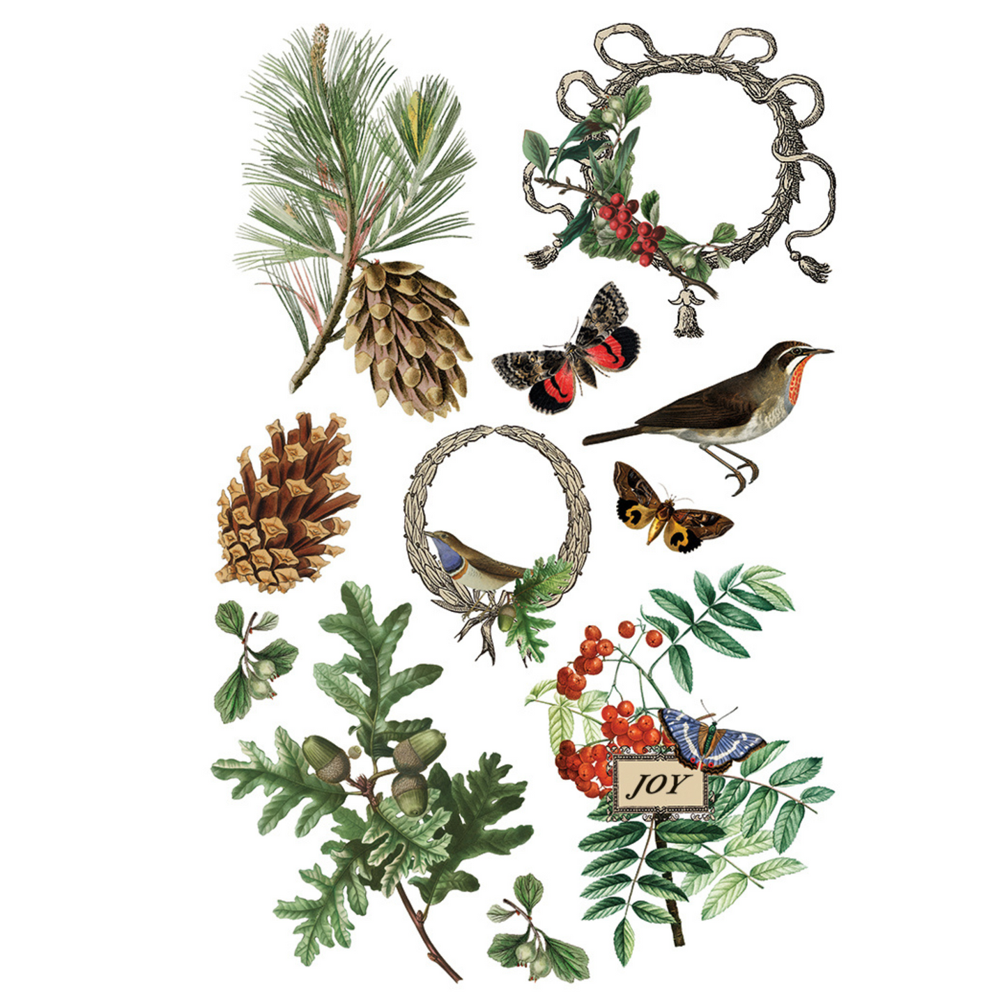 "Winter Botanist" IOD Transfer by Iron Orchid Designs. Pg 1 of 8. Available at Milton's Daughter. Collection of nature-themed elements including plants, birds, and butterflies.