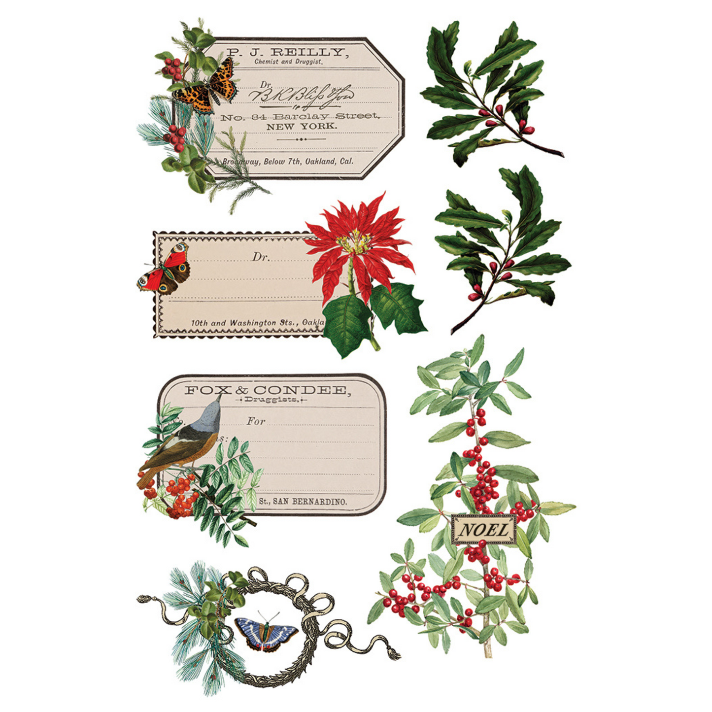 "Winter Botanist" IOD Transfer by Iron Orchid Designs. Pg 4 of 8. Available at Milton's Daughter. Collection of vintage-style Christmas cards with holly, poinsettias, and decorative elements.