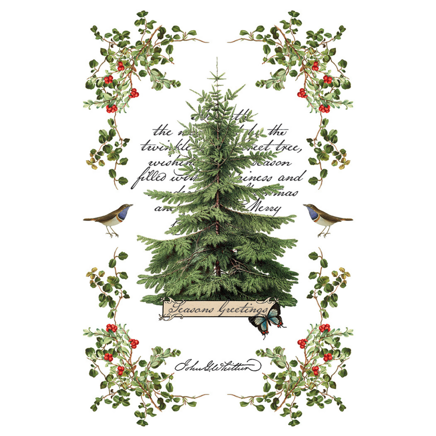 "Winter Botanist" IOD Transfer by Iron Orchid Designs. Pg 7 of 8. Available at Milton's Daughter. Decorative Christmas card with a tree, birds, and foliage.