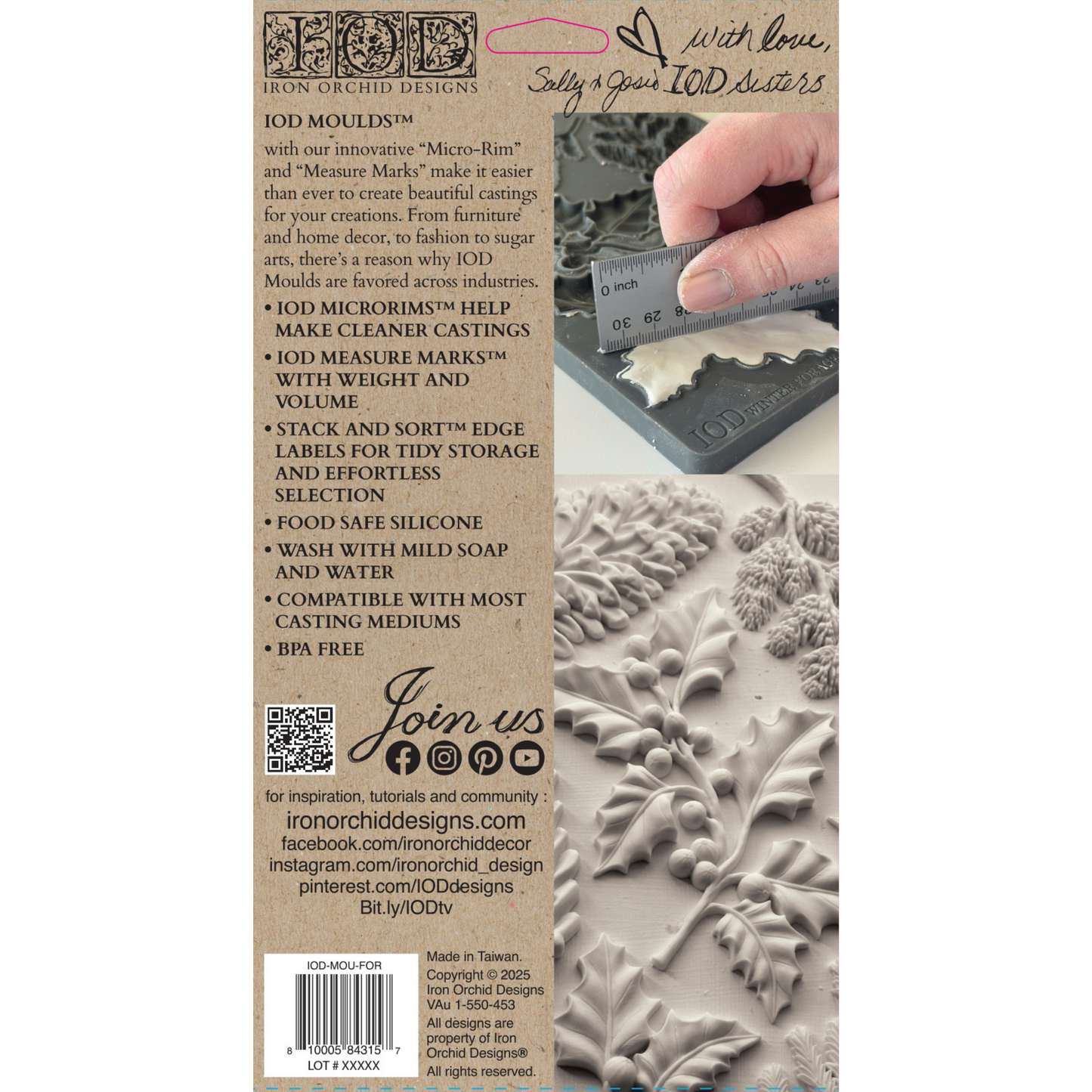 "Winter Forage" IOD silicone mould by Iron Orchid Designs. Available at Milton's Daughter.Silicone mold with winter foliage design. Packaging with mold and branding details.