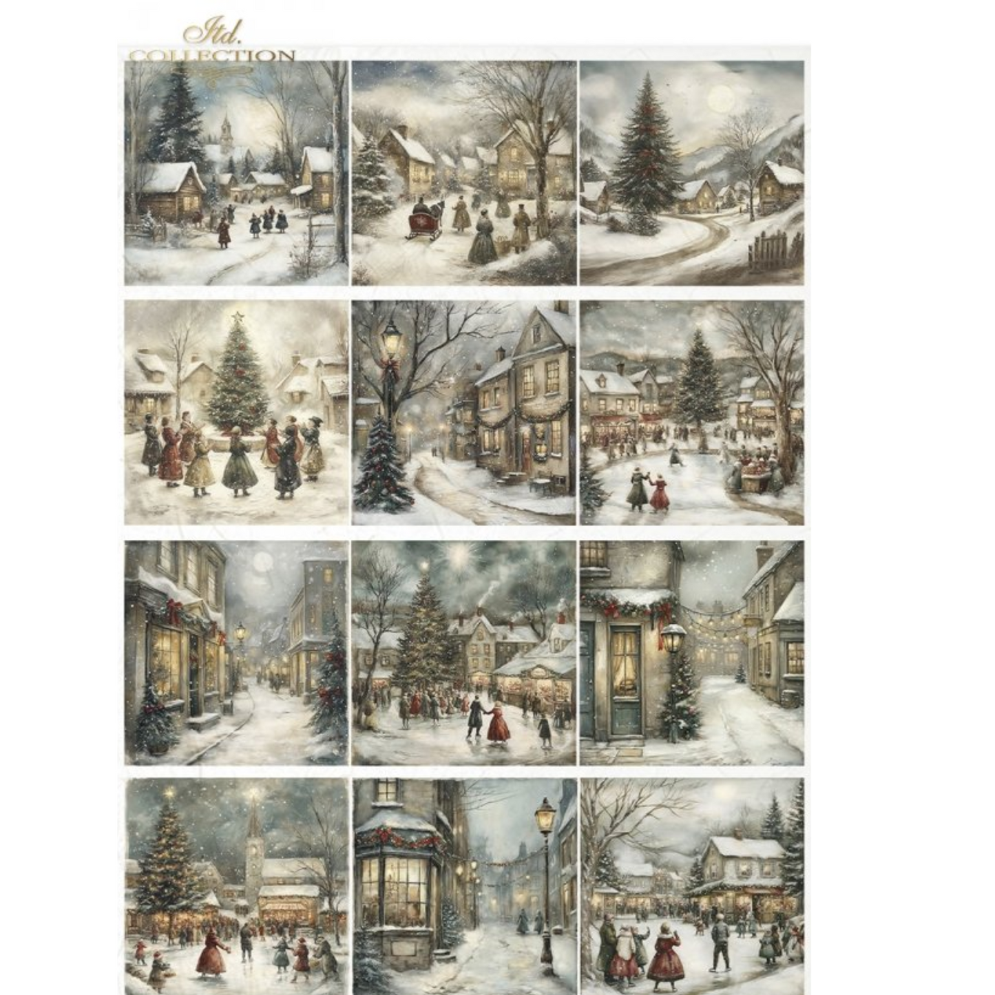 "Winter Village Skaters" decoupage rice paper by ITD Collection. Collection of twelve winter village scenes with people skating and snow-covered trees.