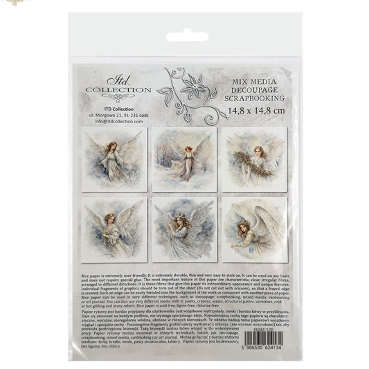Packaging of decoupage scrapbooking paper with angel designs on a white background