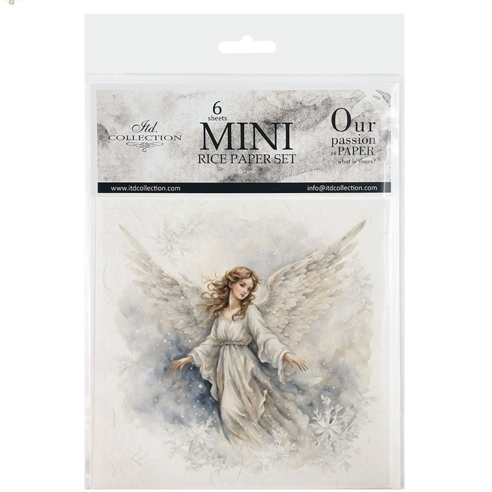 Packaging of mini rice paper sheets with an angel design on a white background