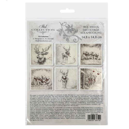 Packaging of decoupage scrapbooking paper with reindeer and bear designs on a white background